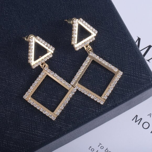 ❤Trendy Square Triangle desgin CZ Ear Hook Earrings, MARR9411 - Picture 1 of 4